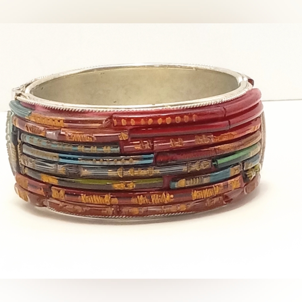 Vintage Recycled Glass Inlay Hinged Bracelet Multi Colored Silver Tone Metal
